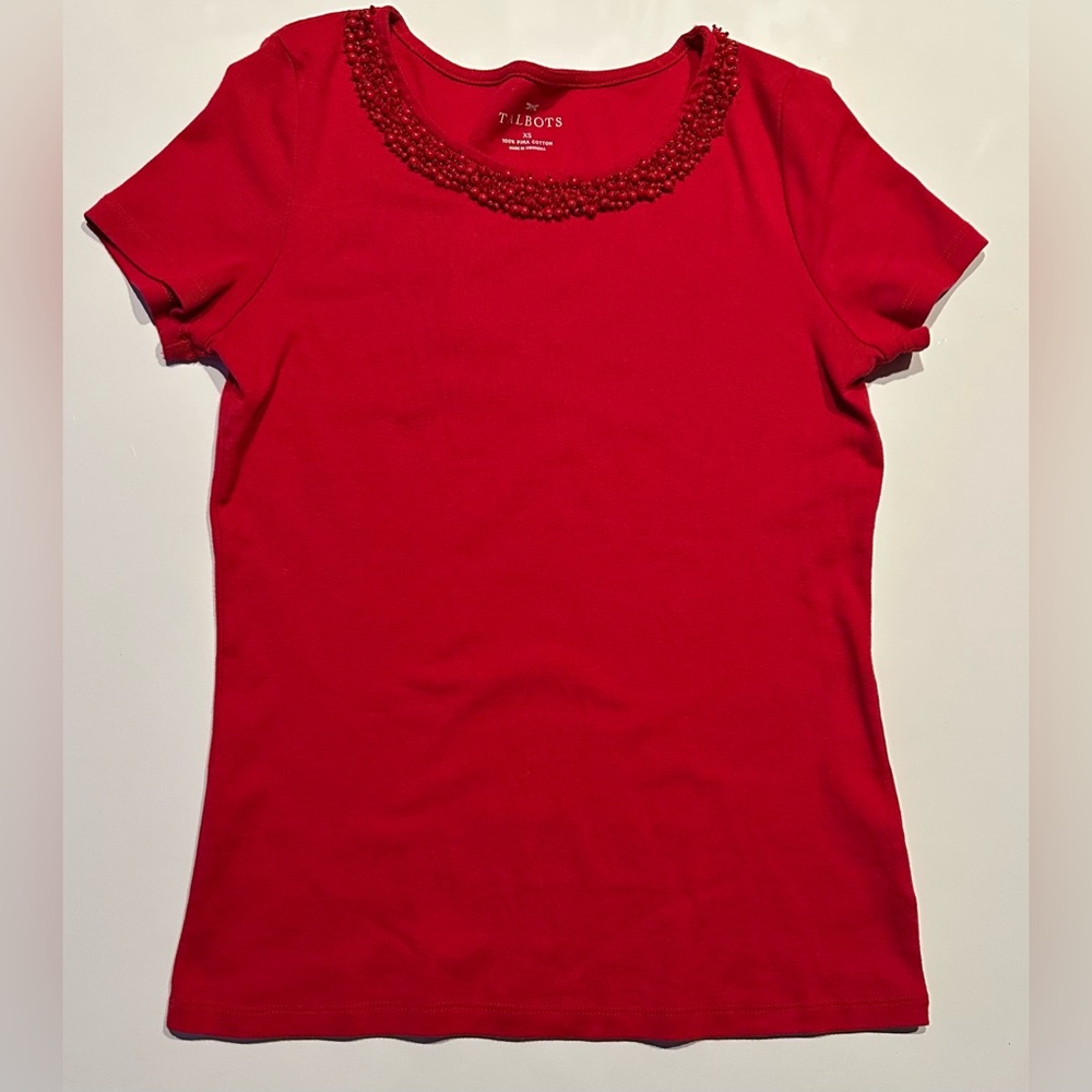Talbots Womens Red Short Sleeve Top w/Beaded Collar 100% Pima Cotton Size Xsmall